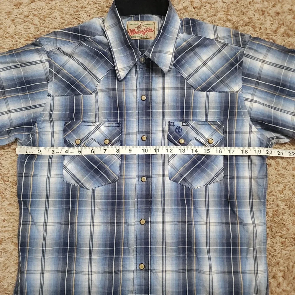 Wrangler Pearl Snap Blue Plaid American Cowboys Mens M Short Sleeve‎ Western